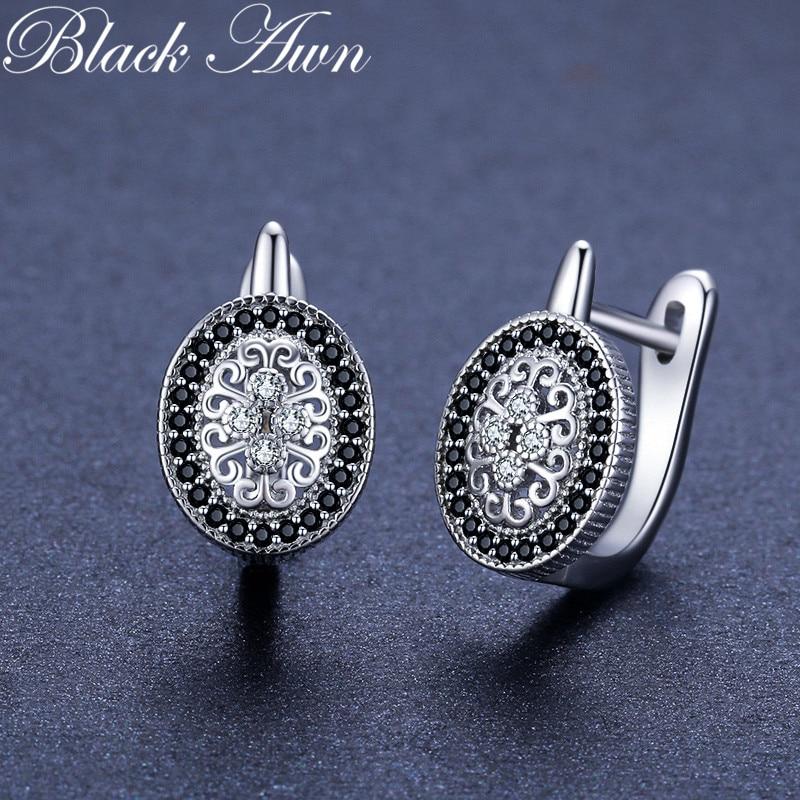Black Awn Classic 925 Sterling Silver Round Black Trendy Spinel Engagement Hoop Earrings For Women Fine Jewelry Bijoux I149