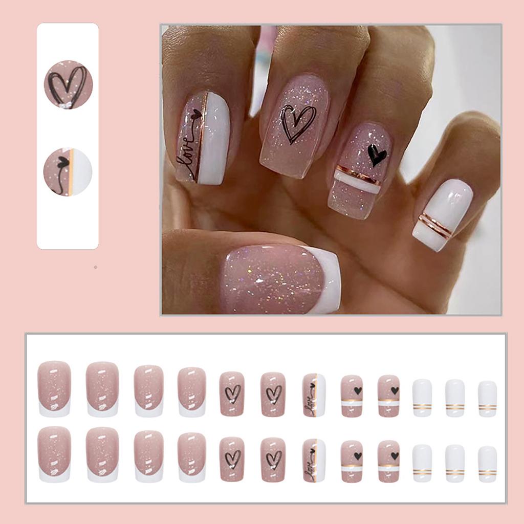 Valentine Fake Nails Short Press On Nails Square Red Full Cover Glue On Nails Valentine Heart-Shaped Nails With Cute Designs Extra Short With 2ml Glue