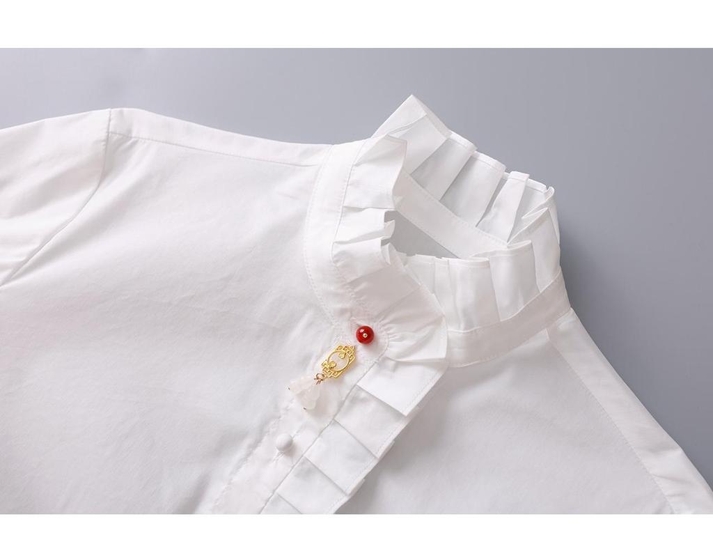 Women's Pure Cotton French Ruffle Trim Shirt - Spring Top with Micro Flare Long Sleeves