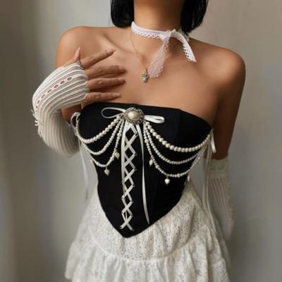 Женский корсет Niche Spice Girls Vintage Velvet Patchwork Pearl Chain на одно плечо с цепочкой-футляром Fishbone