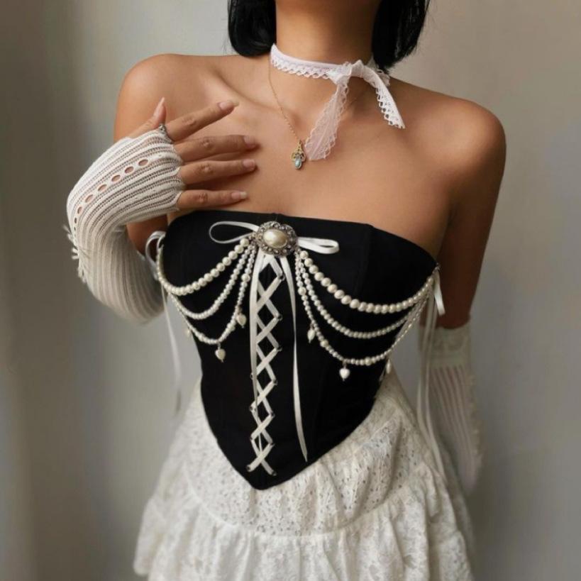 Women's Niche Spice Girls Vintage Velvet Patchwork Pearl Chain One Shoulder Sheath Fishbone Corset