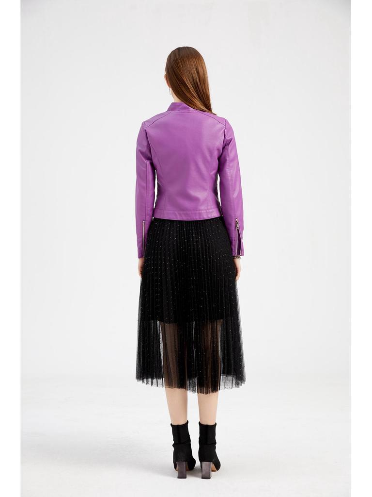 Женская кожаная куртка со стойкой воротником 2021 года - Короткая, легкая и идеальная для весны/осени