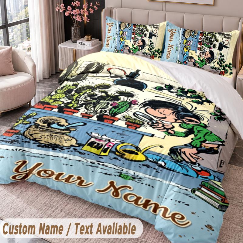 Custom Name Text 3Pcs Bedding Set Gaston Lagaffe Duvet Cover And Two Pillowcases
