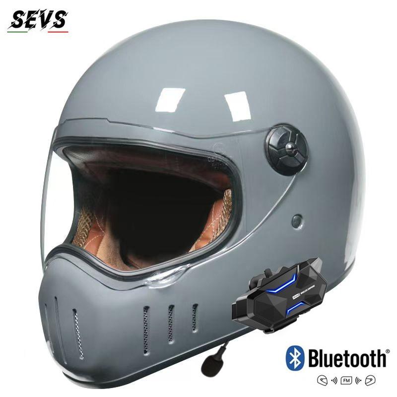 Full Face Motorcycle Helmet With 8-Rider Bluetooth Intercom Retro Pig Nose Design Cruiser Riders Unisex ABS