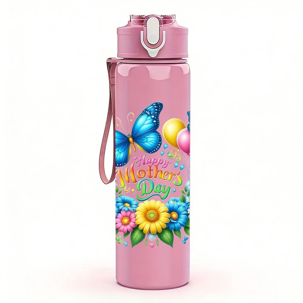 1PC Colorful Butterfly And Flower Wreath Pattern 750ml Color Plastic Sports Water Bottle Leakproof Flip Straw Lid Suitable for Sports Office Home Use