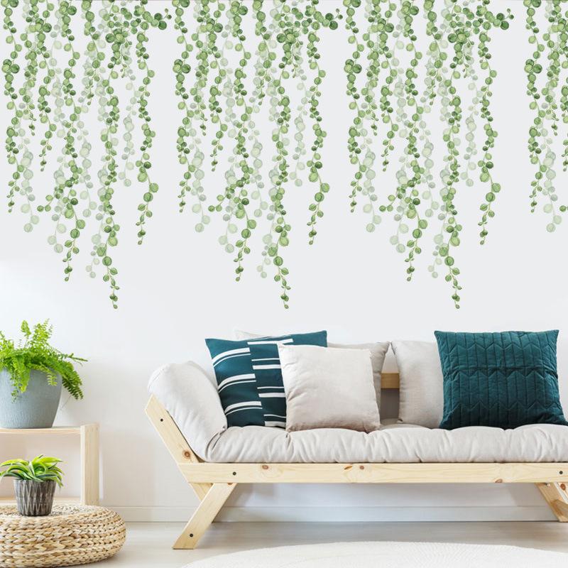 Наклейки на стену с жемчугом и виноградными листьями, водонепроницаемые зеленые растения, листья, наклейки на стены, пилинг и палочка, подвесное настенное искусство с виноградной лозой для спальни, кухни