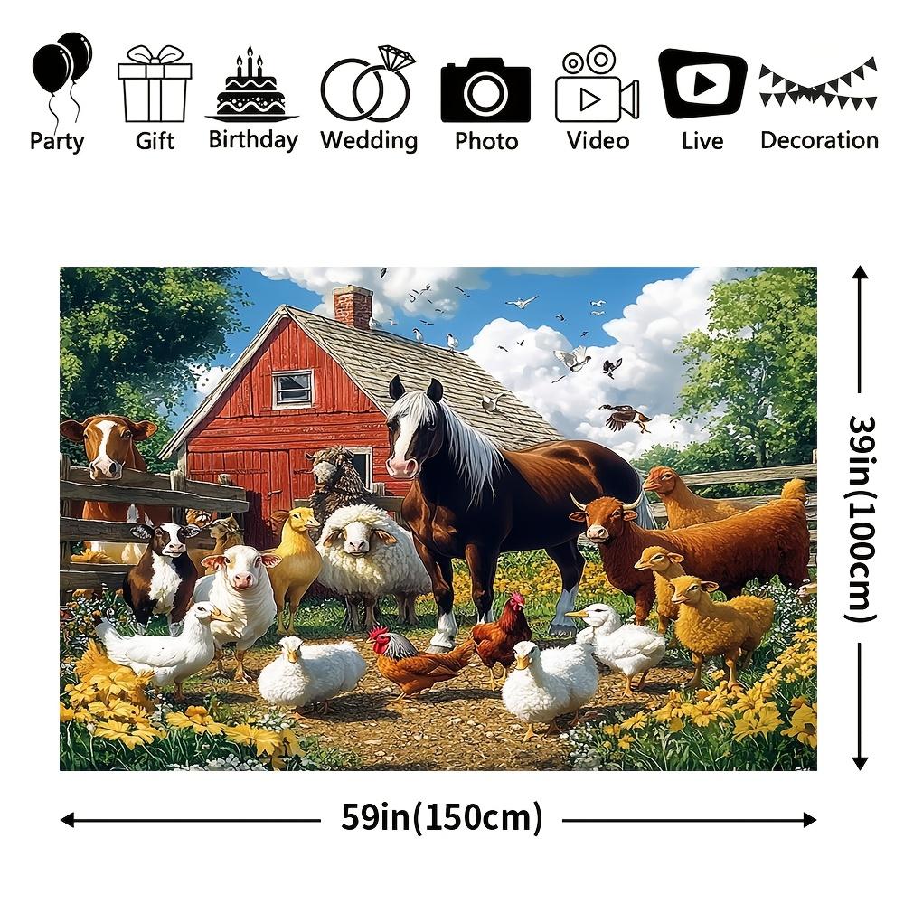 Farm animal party background with vibrant cow, sheep, horse, chicken, goose, pig and dog scene with red barn and windmill
