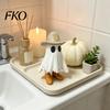White Ghost Decoration Halloween Cowboy Statue, Spooky Resin Figurine, Western Tabletop Decor Sculpture with Boot And Hat for Mantel, Tiered
