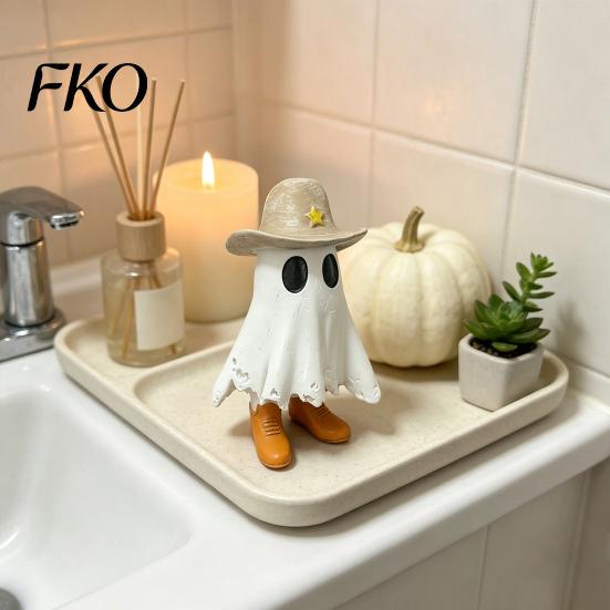 White Ghost Decoration Halloween Cowboy Statue, Spooky Resin Figurine, Western Tabletop Decor Sculpture with Boot And Hat for Mantel, Tiered