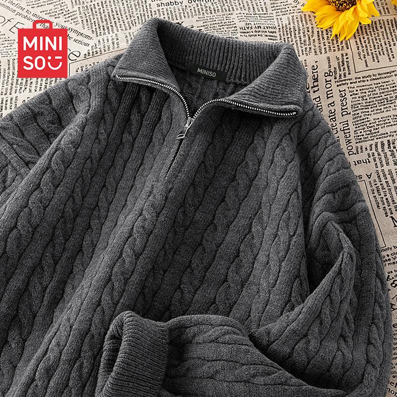 MINISO Men's Retro Half-Zip Cable Knit Stand Collar Sweater