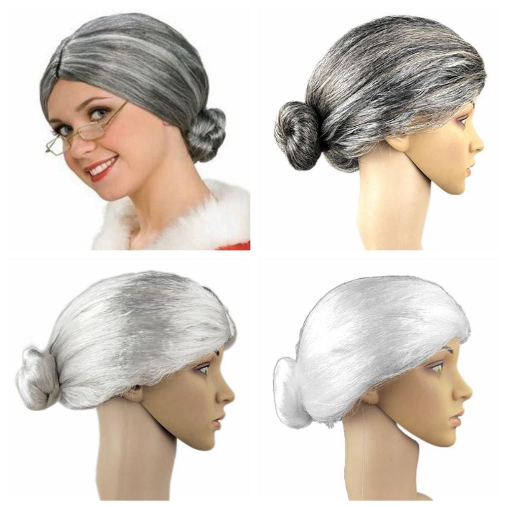 Natural Grandma Costume Wig Grey Dress Up Show Wig Old Woman Cosplay Wig Halloween Masquerade