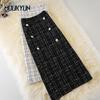 Women High Waist Elegant Skirt Casual Office Ladies Vintage Woolen Lattice Slit Bag Hip One Step Skirts