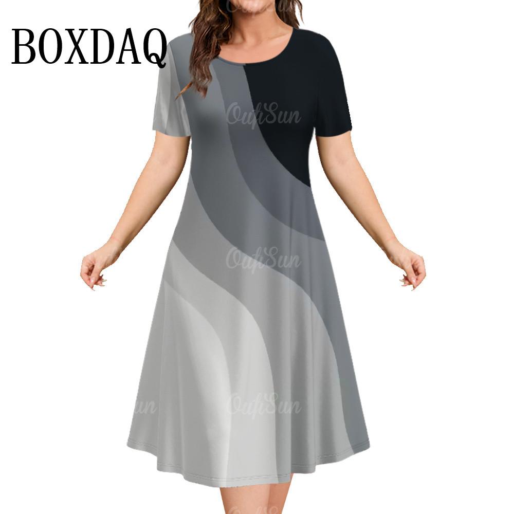 Женская одежда Короткие рукава Свободные платья 3D Полоски Печатная модная одежда Летний повседневный сарафан Платье-трапеция