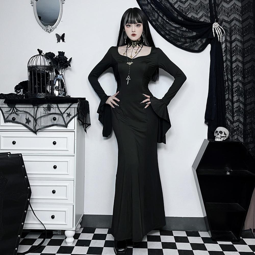 Black Batwing Sleeve Dress Patchwork Grunge Robe Bodycon Vintage Halloween Maxi Dress  Costume