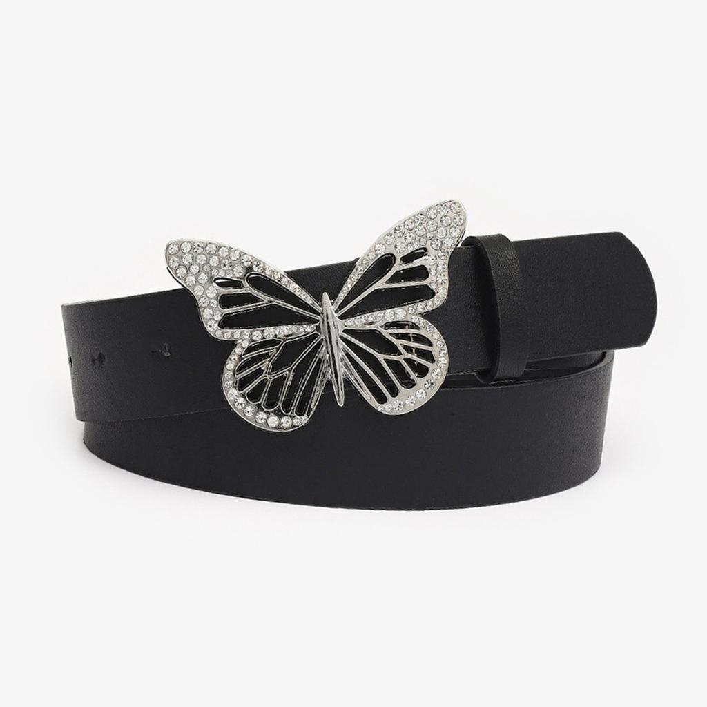 Rhinestone Butterfly Buckle Belt Fashionable Pu Leather Women Wide Belt for Dress Shirt Decoration Black Free Size