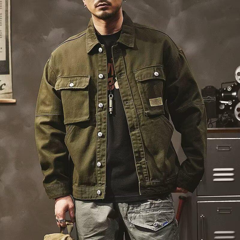 Men's Retro Heavyweight Denim Hunting Workwear Jacket - Loose Fit for Spring and Autumn