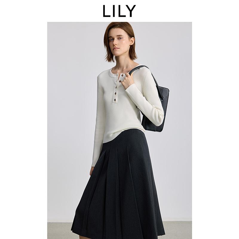 LILY Half Open Rice White Knitted Shirt for Women