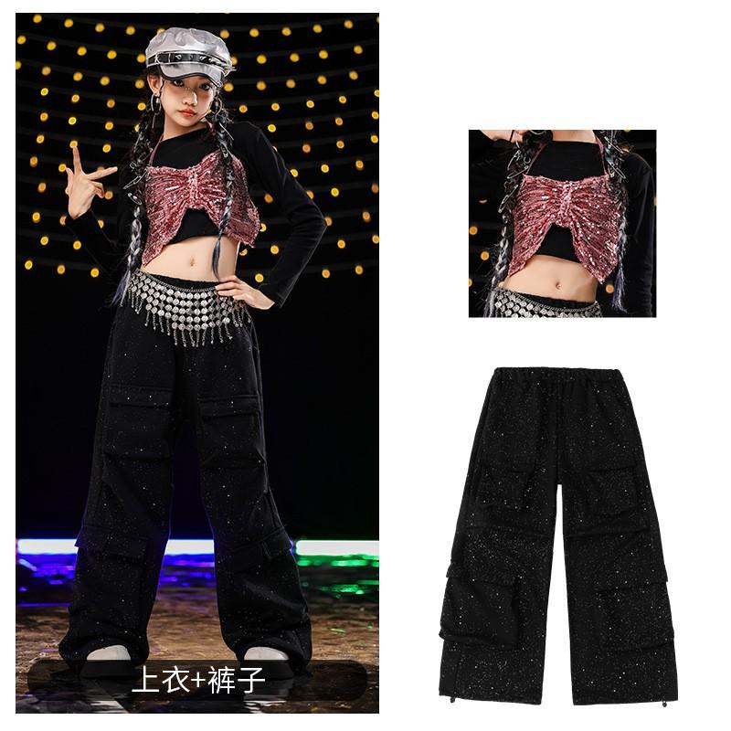 Girls Jazz Dance Outfit Hip Hop Performance Costume Cropped Top Shiny Pants Stage Show