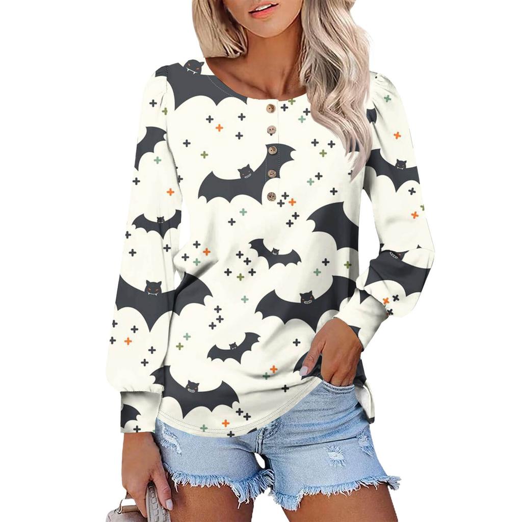 Women's Long Sleeve Round Neck T-Shirts Halloween  Print Puff Sleeve Shirts Button Blouses Tops