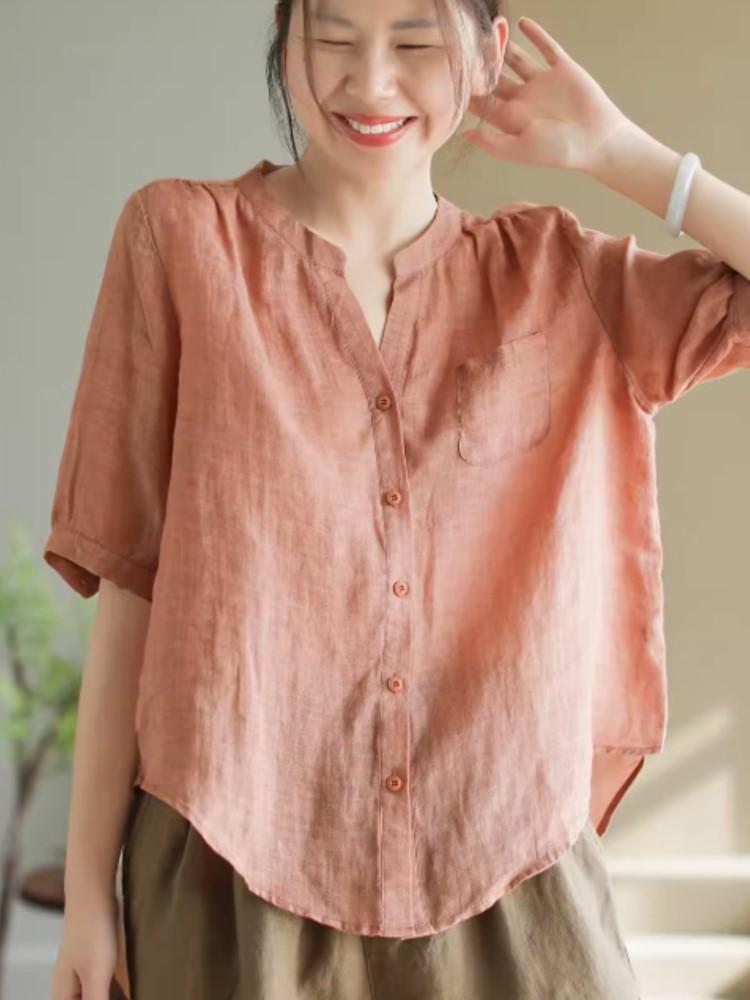 Johnature Women Vintage Solid Color Shirts V-Neck Short Sleeve Tops Patchwork Pockets Summer Casual Blouses