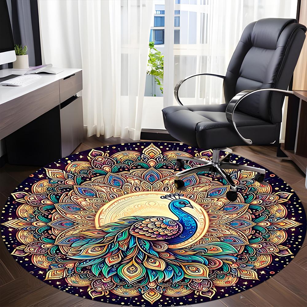 1PC Peacock Mandala Artwork Office Round Rug, Non slip, Soft and Durable Office Rug for Interior Decoration, Perfect for Office