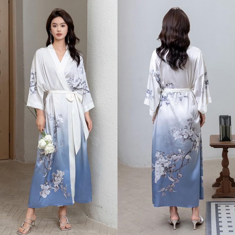 Satin Printed Robe Women Plus Size Lightweight Long Sleepwear Home