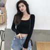 Корейская футболка с квадратным воротником, женская весенне-осенняя повседневная тонкая футболка с длинным рукавом и открытым пупком, топ