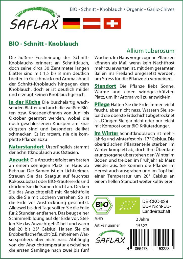 SAFLAX Garden in the Bag - Органический - Чеснок-Шнитт-лук - 100 семян - С субстратом в подходящем пакете - Allium Tuberosum
