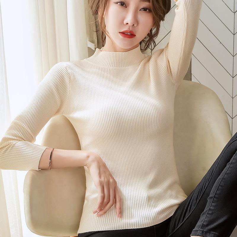 Женский свитер на осень-зиму с воротником-стойкой, базовый джемпер с длинными рукавами, вязаные пуловеры, полуводолазка, тонкие женские вязаные топы