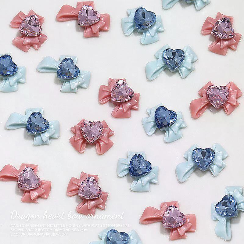 10pcs 3D Resin Bowknot Nail Charms with Pink Ribbon Bow Rhinestone, Jewelry Parts for Manicure Decor DIY Salon Accessory Gift