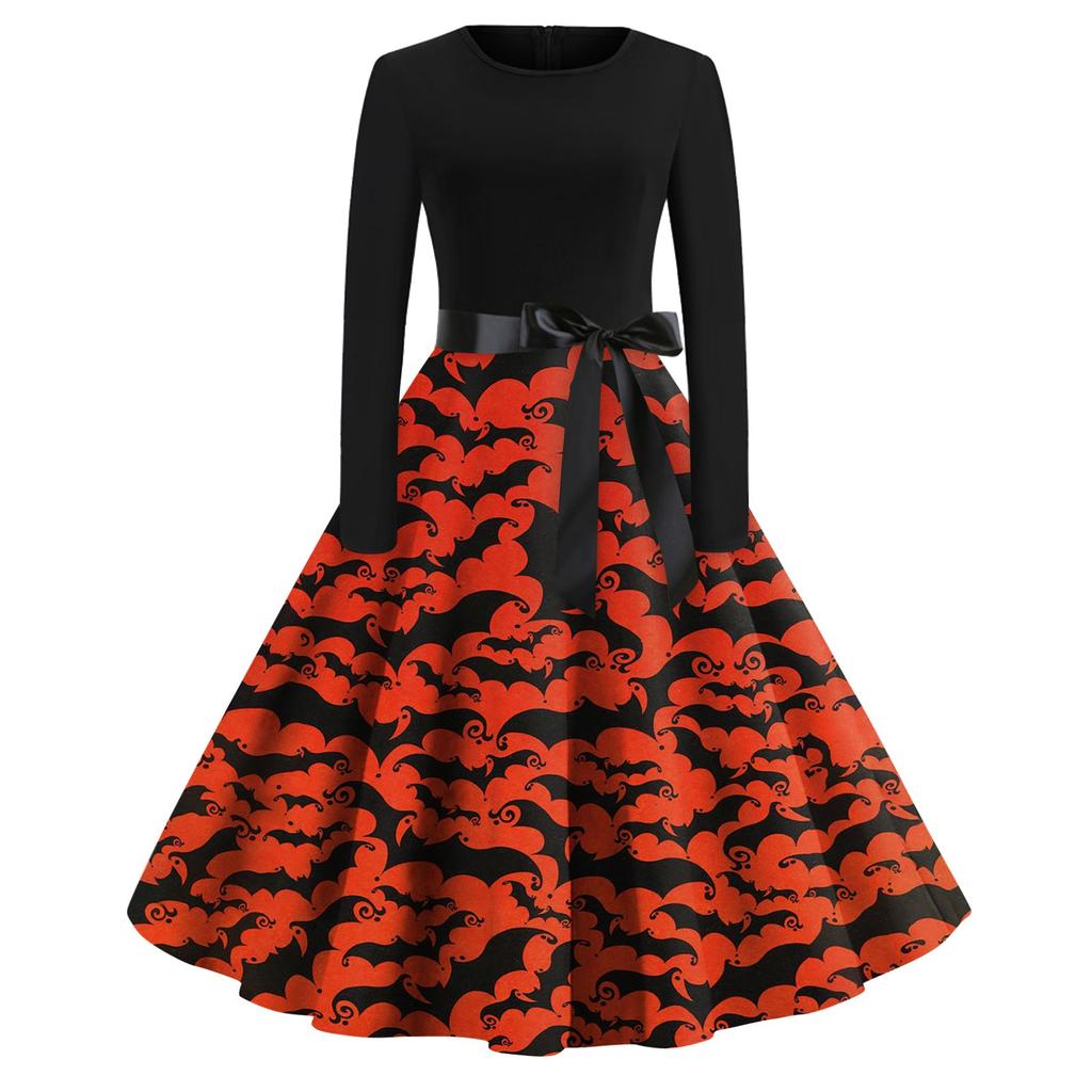 Halloween Print Flare Dress For Women Long Sleeve Dress Hollow Party Casual Dresses