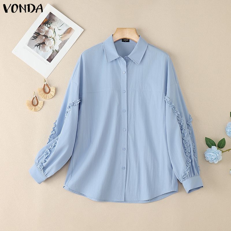 VONDA Женская повседневная блузка с круглым вырезом, оборками, длинными рукавами, однотонная, свободного кроя