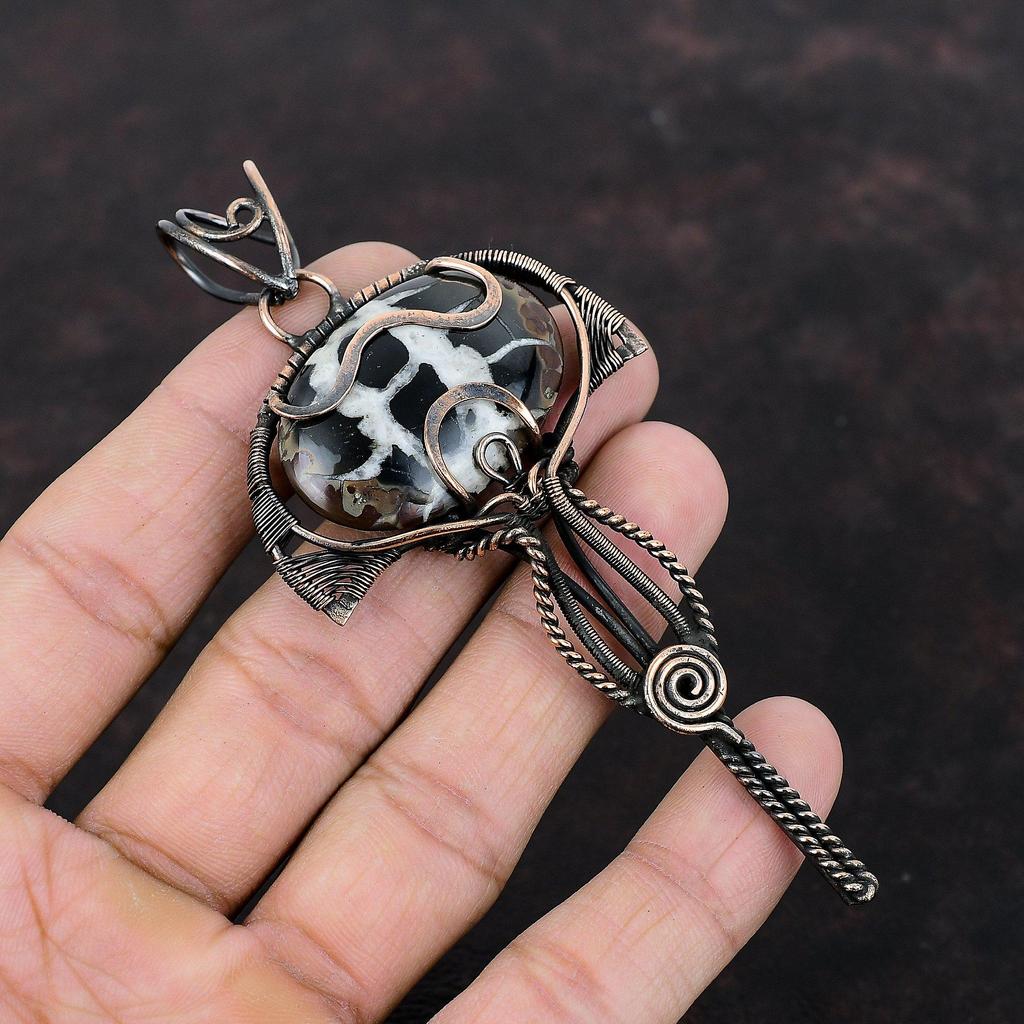 Подвеска из окаменелости в виде трещины в марокканской грязи, обернутая медной проволокой, ручная работа, медная бижутерия, подвеска для женщин, изящные драгоценные камни, свадебный подарок