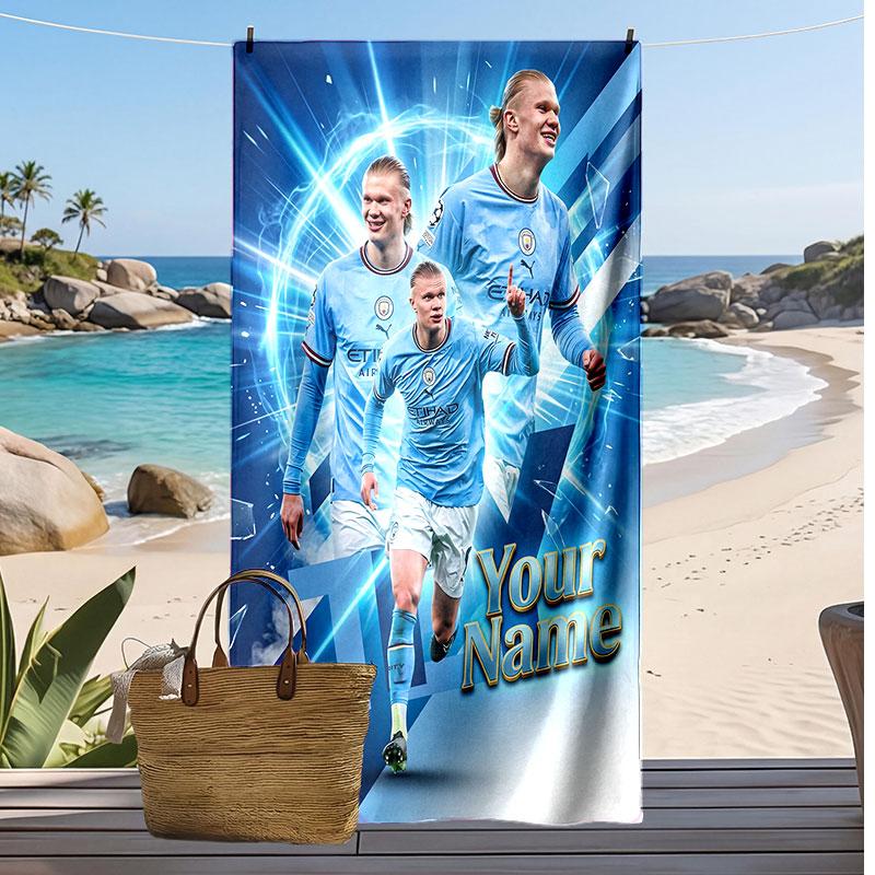 Erling Haaland Personalized Printed Beach Towel Soccer Logo Support Custom Name Text Absorbent Towel For Sport Travel Special Gift