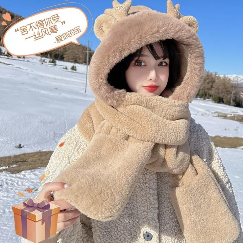 Милая шапка-шарф с рогами дракона и медведя, женские зимние перчатки, велосипедные, утолщенные, три-в-одном, шапка с маленькими рожками