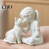 Matte Finish Ornaments 3D Printed Girl and Cat Statue, Cute with Kitty Figurine Resin Desktop Decor, Modern Art Minimalist Sculpture Ornament for Home