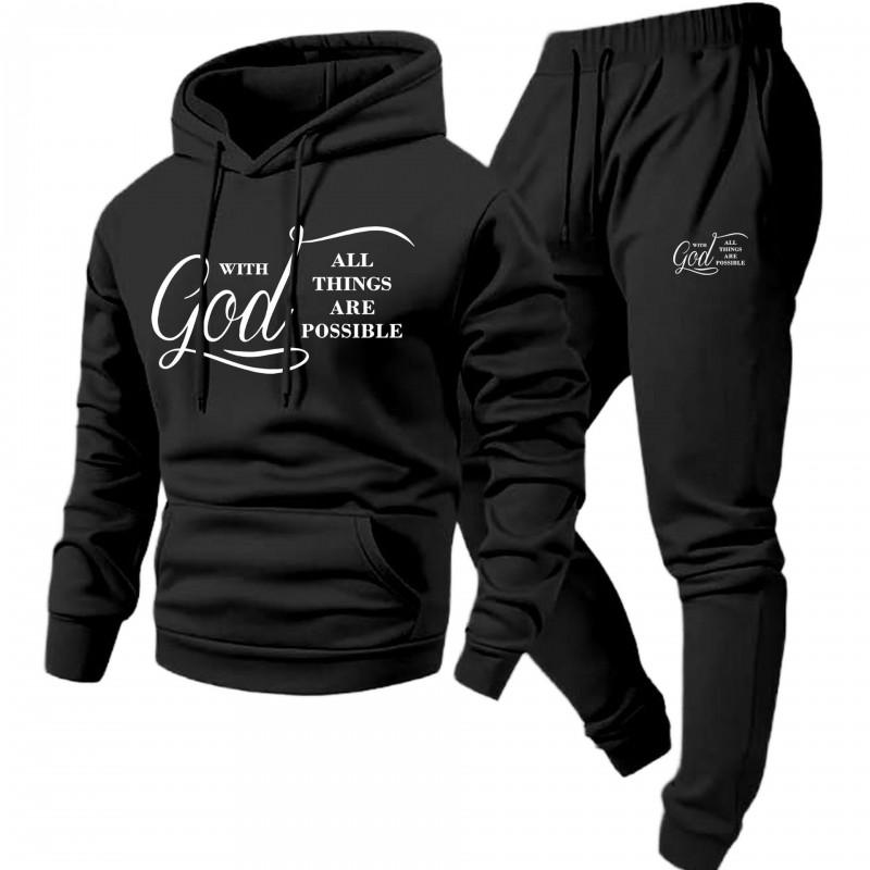 Mens Hooded Letter Print Sweatshirt Jogger Pants Set Fall Casual Two-Piece Outfit