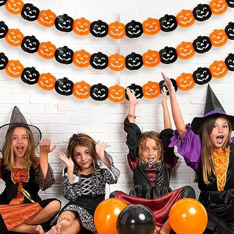Mantle Hanging Decor Halloween Banner 3M Black Orange Paper Garland Spooky Pumpkins Bats Spider Party Decoration Solution