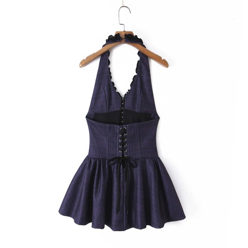 Ins Style Womens Blue Plaid Halter Dress Backless High Waist A-Line Flared Cocktail
