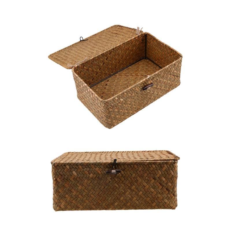 Винтажная желтая корзина для хранения из морской травы с крышкой, идеально подходящая для CD-дисков, пультов дистанционного управления и канцелярских принадлежностей