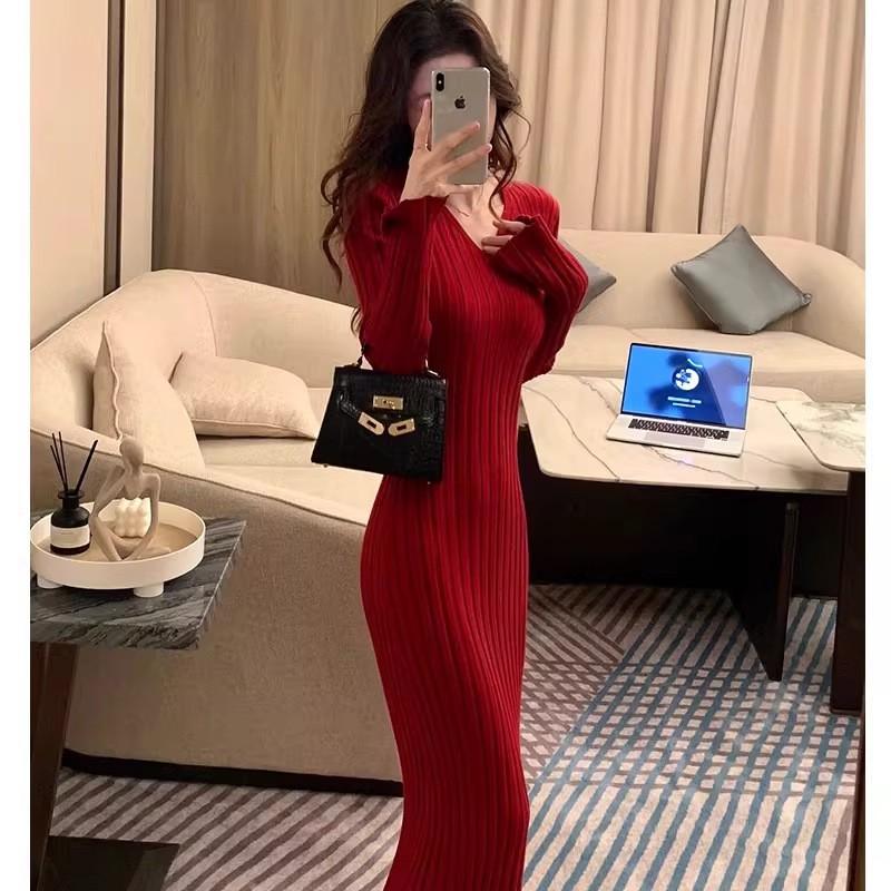 Elegant Red V-Neck High-Waist Slim Fit Midi Dress Women 2026 Office Chic Stylish Everyday Wear
