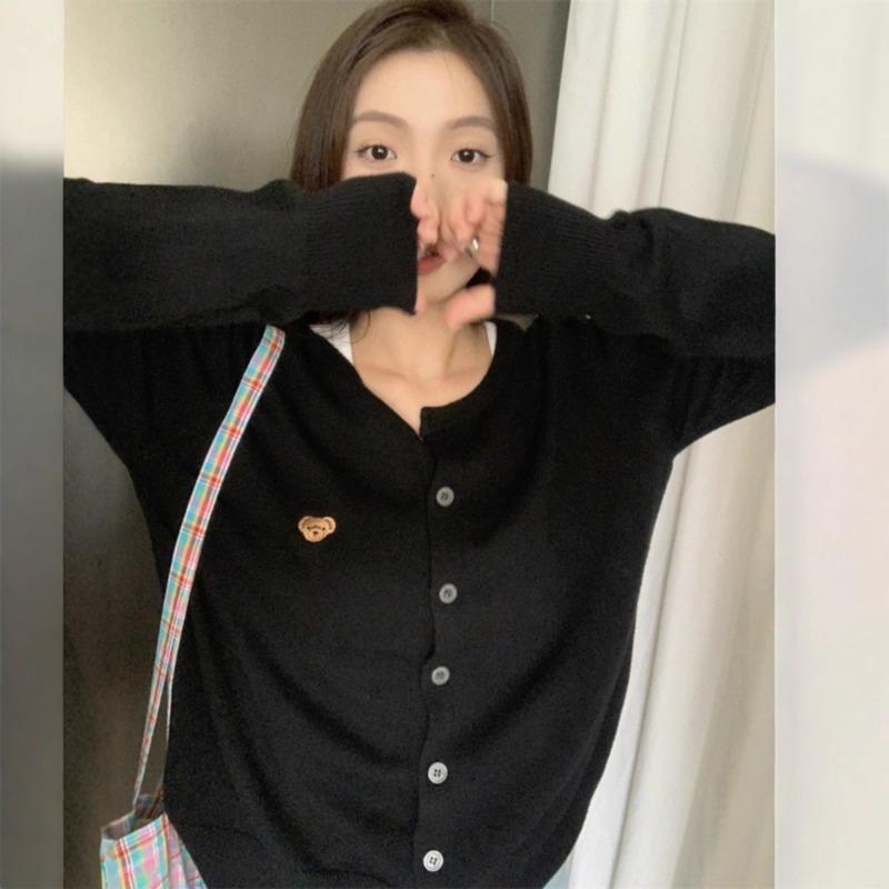 Autumn style soft waxy bear embroidered long-sleeved knitted sweater women's early autumn gray cardigan sweater jacket