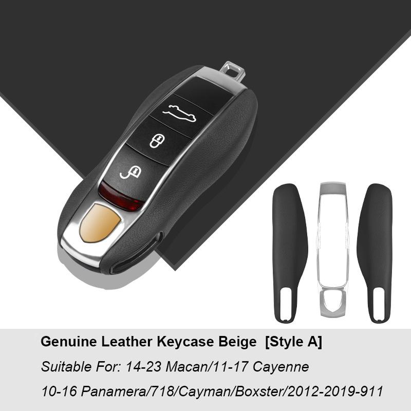 Luxury Genuine Leather For Porsche Boxster Cayman Panamera Cayenne Macan 718/911 Taycan Car Key Case Cover Protective Keychain