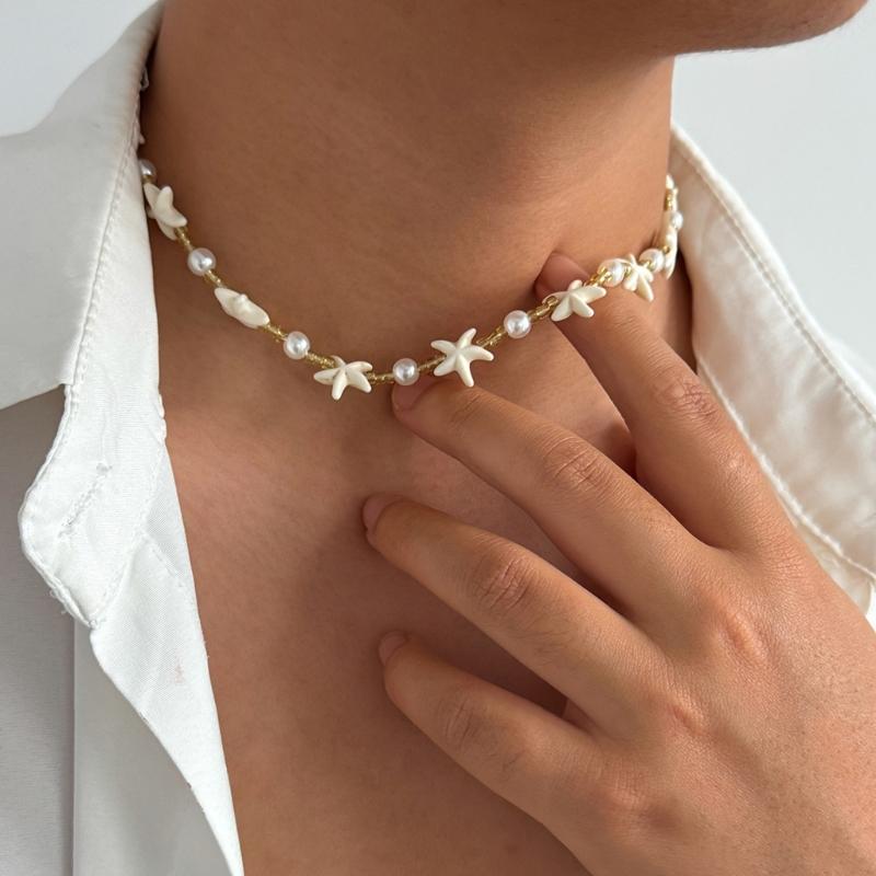 Nature Themed Adjustable Starfish Jewelry With Soft Luster Pearls Comfortable Beaded Neckchain For All Day Use