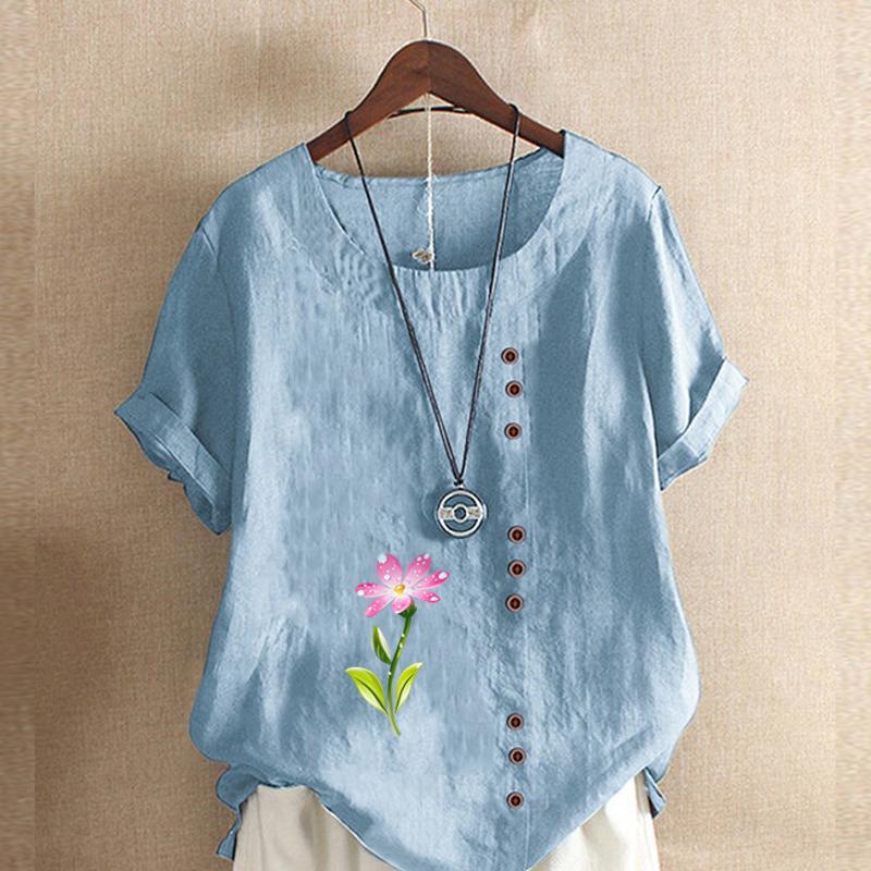 Women's Fashion Round Neck Short Sleeve T-shirt Casual Cotton Linen Graphic Shirt Leisure Loose Flower Prined Summer Blouse Tops