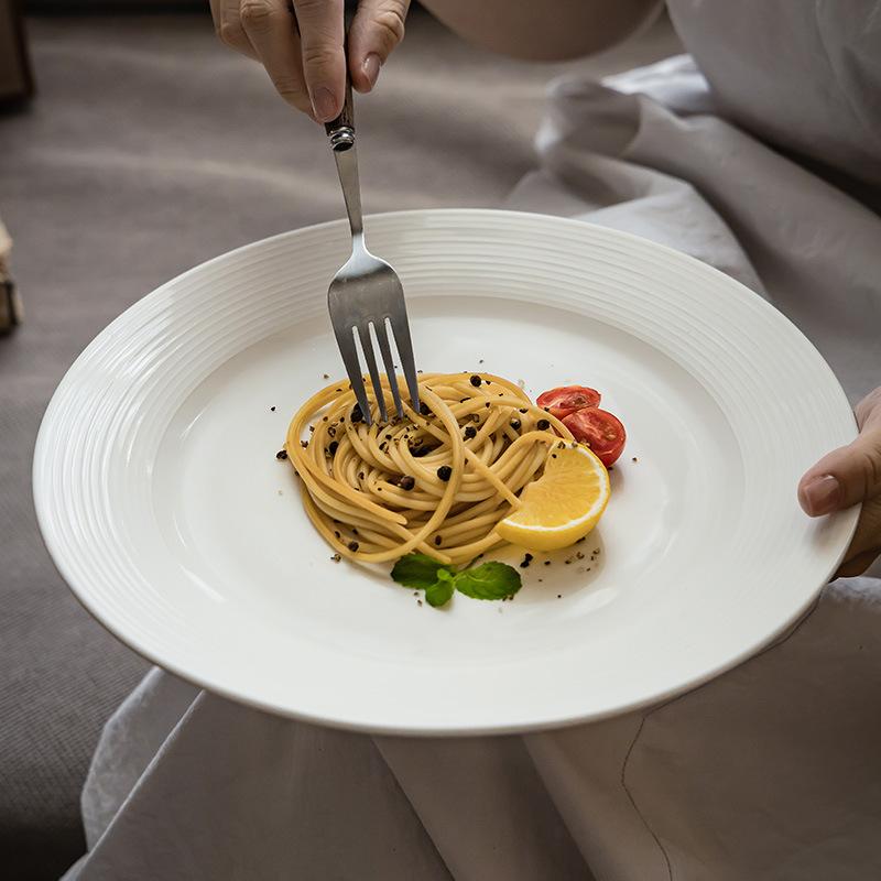 High Value Retro Ceramic Flat Plate Household Tableware Vegetable Plate Relief Plate Creative Thread Large Plate Western Pasta Plate