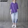 DIMANAF 2023 летние женские футболки больших размеров, однотонные топы с принтом, футболки-туники, свободная хлопковая рубашка оверсайз, повседневная фиолетовая одежда