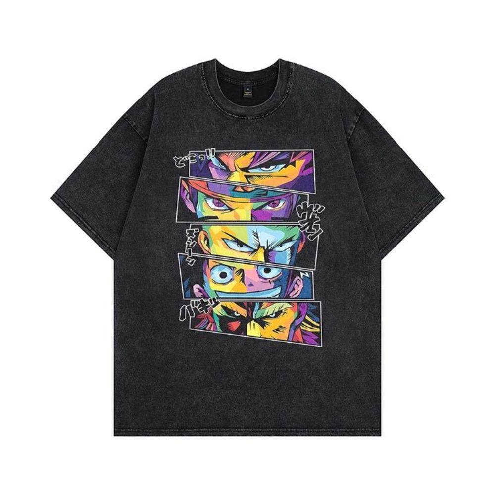 Men's T Shirt One Piece Cartoon American High Street Vintage Washed Short Sleeved Tees Women's Oversized Clothes Tops Summer