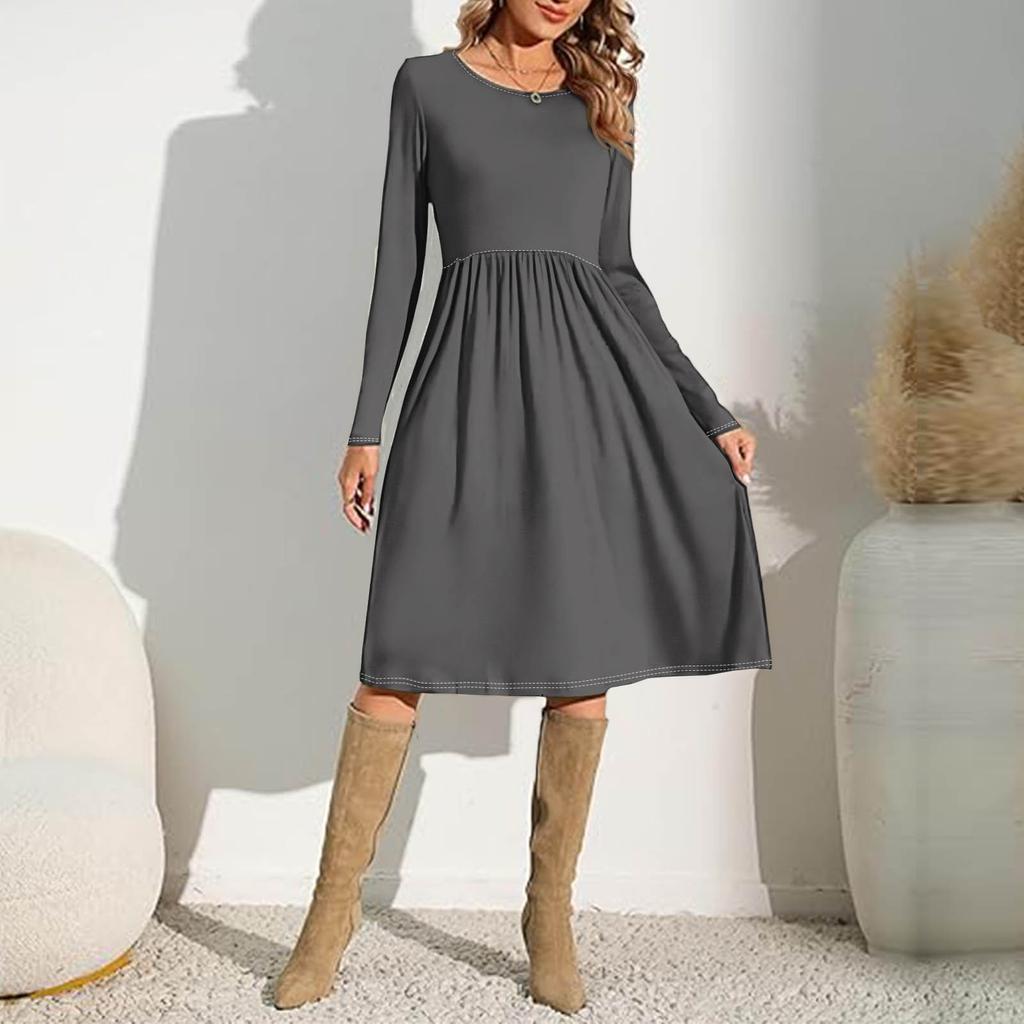 Женские однотонные повседневные платья с карманами на весну с круглым вырезом и длинными рукавами