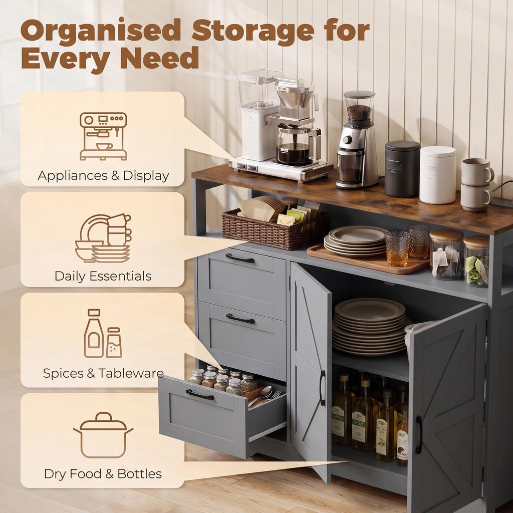 Sideboard Cabinet with Power Outlet, Farmhouse Kitchen Cabinet with 3 Drawers and Open Shelf, Grey